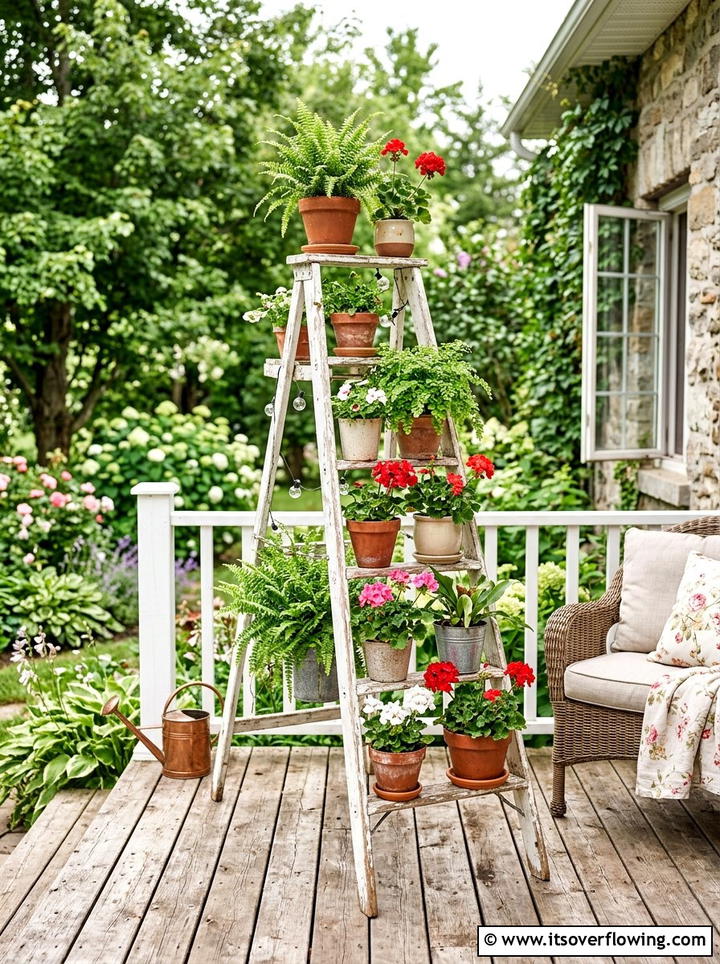 Upcycled Ladder Plant Stand - 25 garden ideas with low cost materials