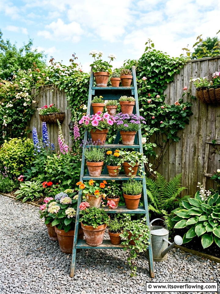 Upcycled Ladder Shelf - 25 garden decor ideas on a budget