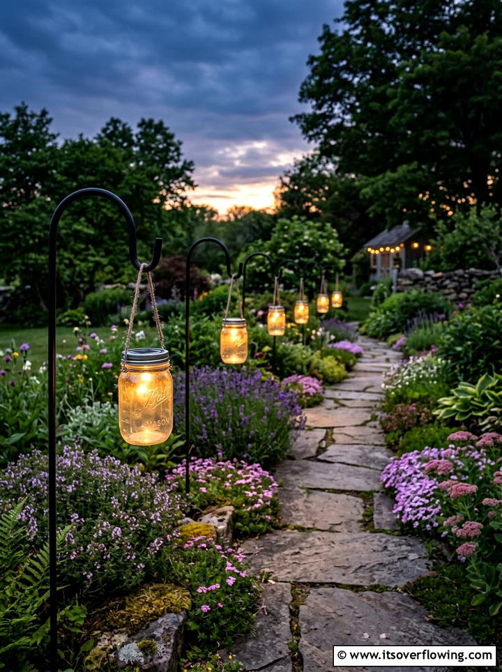 Upcycled Mason Jar Pathway Lighting - 25 backyard ideas with upcycled decor