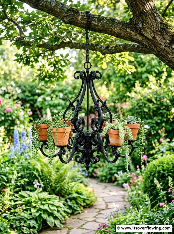 Upcycled Metal Chandelier Garden Art - 25 backyard ideas with upcycled decor