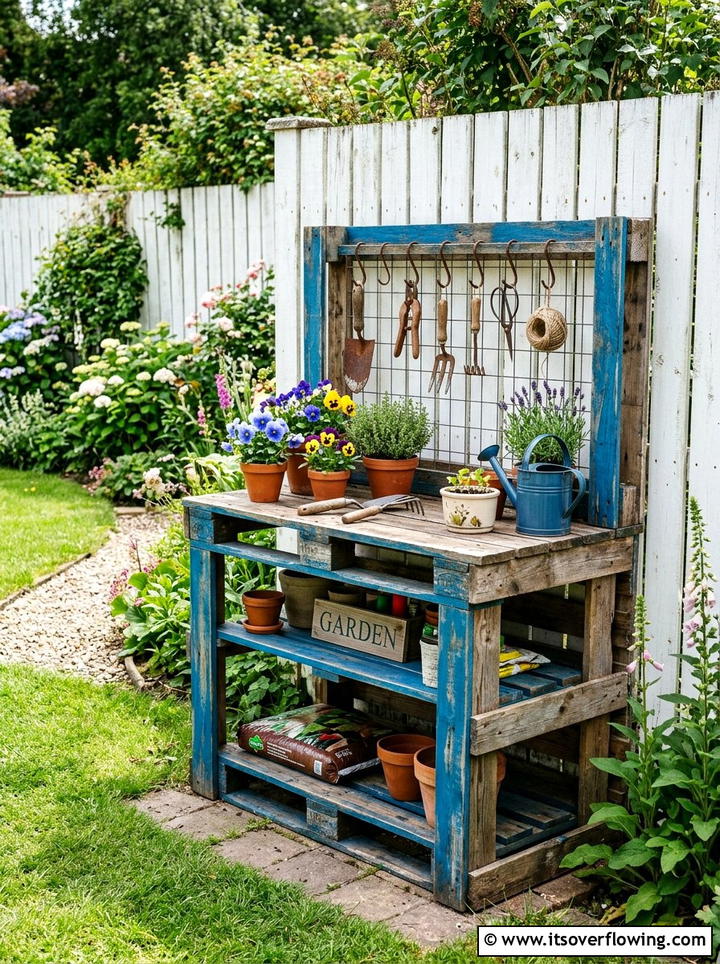 Upcycled Pallet Potting Station - 25 backyard ideas with potting station