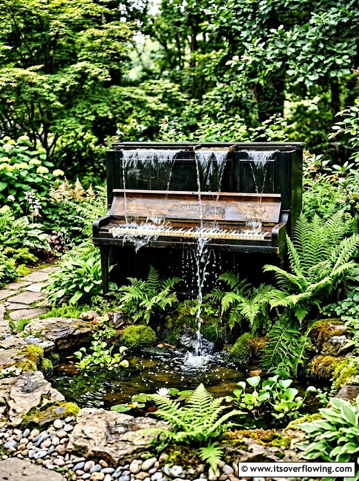 Upcycled Piano Garden Waterfall - 25 garden ideas with old furniture