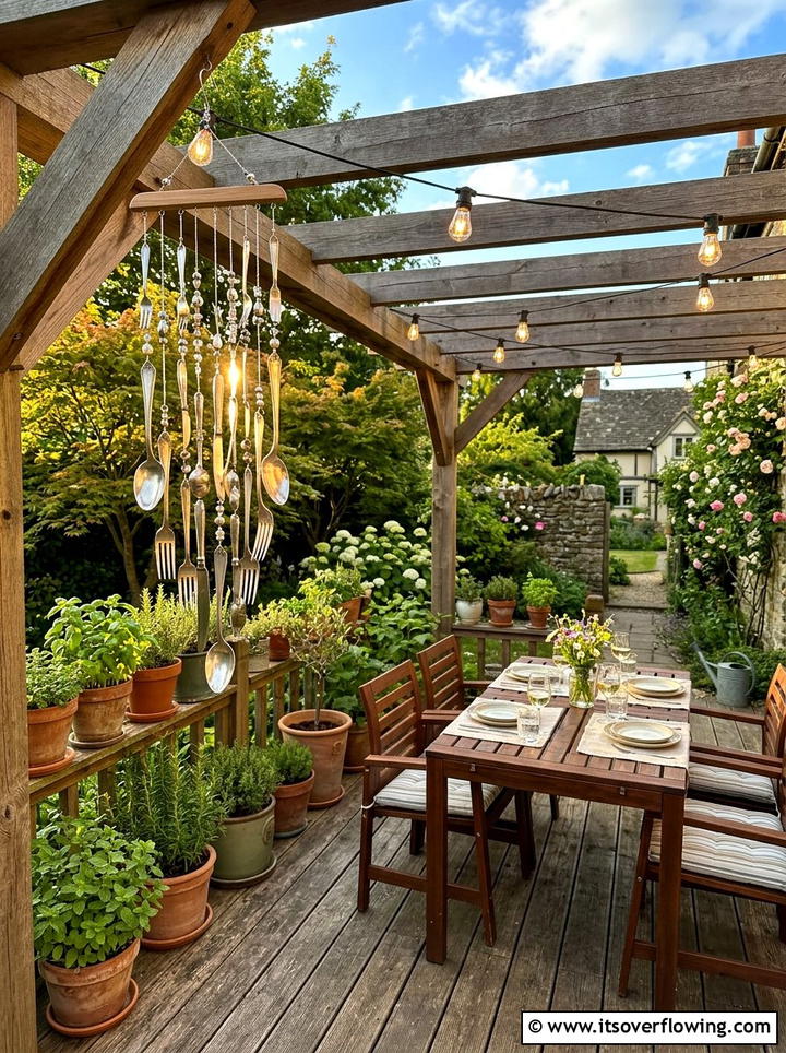 Upcycled Silverware Wind Chimes Near Patio - 25 garden decor ideas with wind chimes