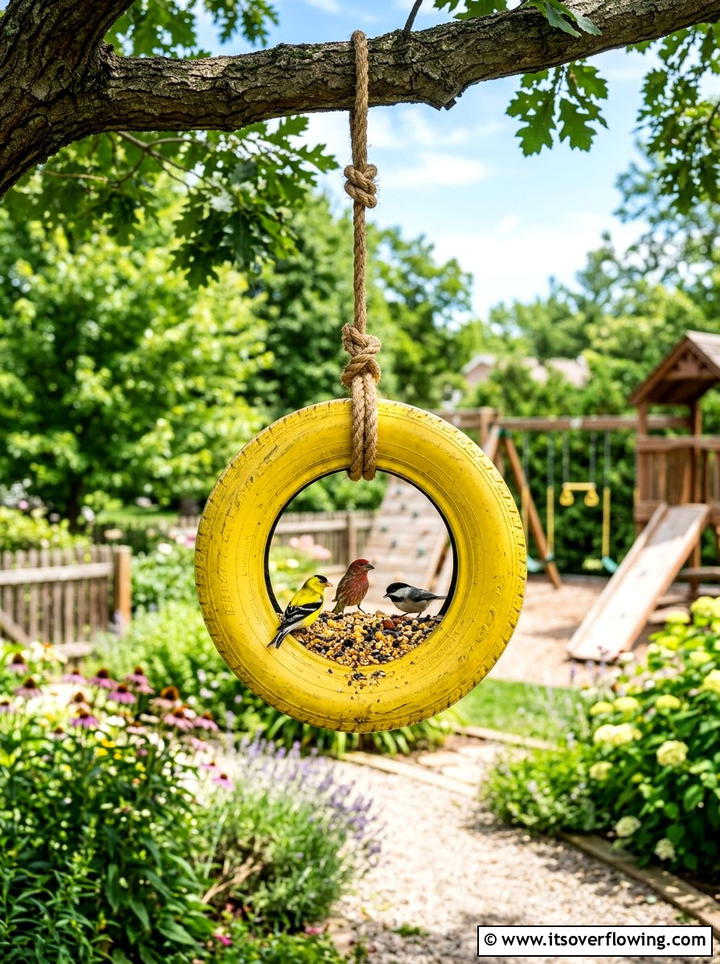 Upcycled Tire Bird Feeder - 25 upcycled garden ideas with bird feeders