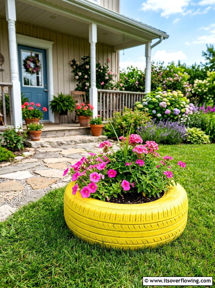 Upcycled Tire Planter - 25 front porch decor ideas on a budget