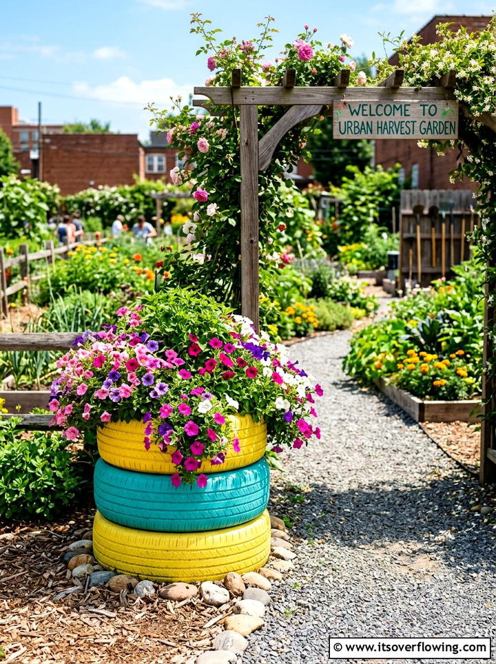 Upcycled Tire Planter - 25 upcycled garden ideas with pathway markers
