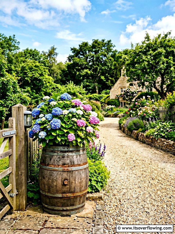 Upcycled Wooden Barrel Planter - 25 recycled garden ideas for front yard decor