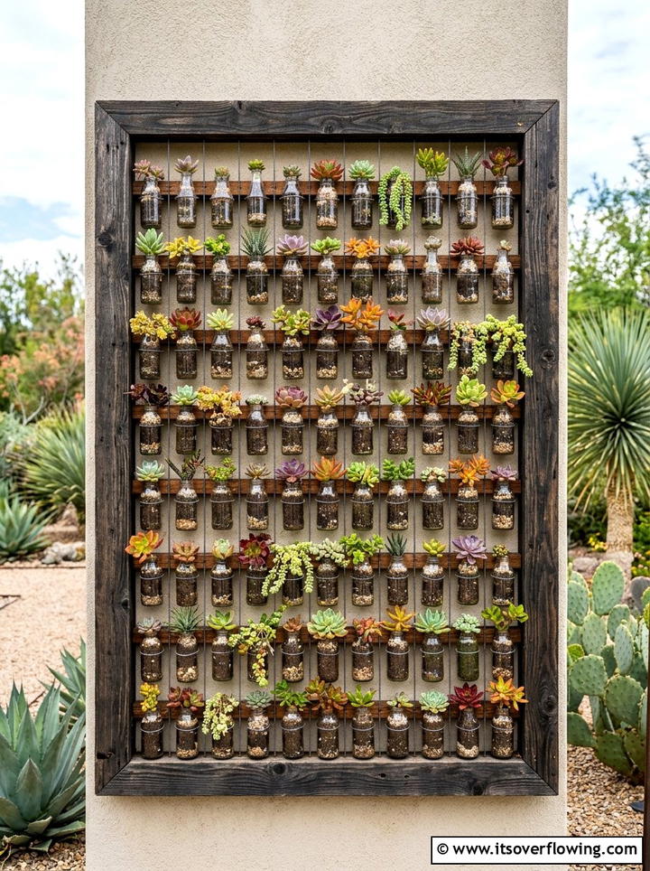 Upcycled bottle succulent wall - 25 recycled garden ideas with vertical bottle wall
