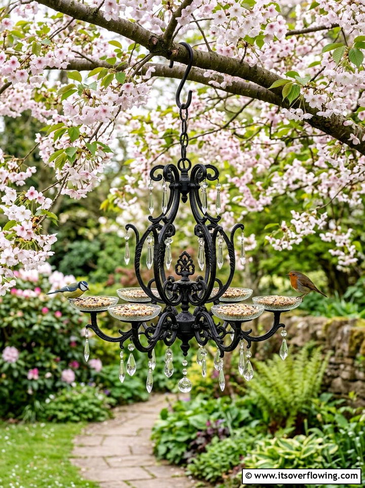Upcycled chandelier bird feeder - 25 reusing old things ideas for garden decor