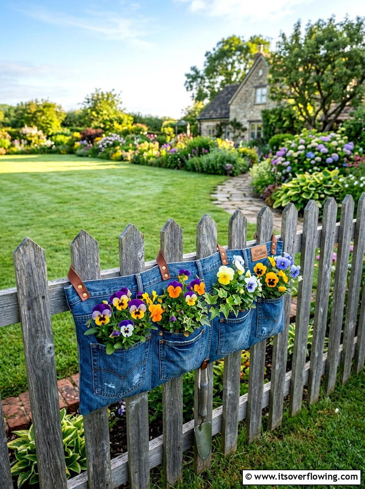Upcycled denim fence pocket planter - 25 upcycled garden ideas with denim pockets