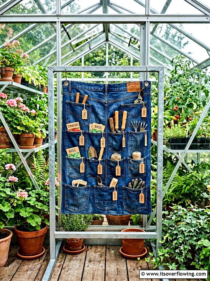 Upcycled denim greenhouse pocket storage - 25 upcycled garden ideas with denim pockets