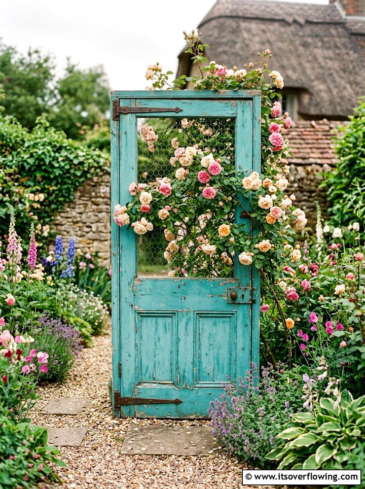 Upcycled door garden frame - 25 cheap garden ideas with homemade trellis