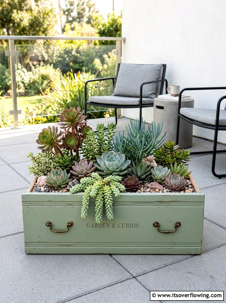 Upcycled dresser drawer garden - 25 reusing old things ideas for succulent garden