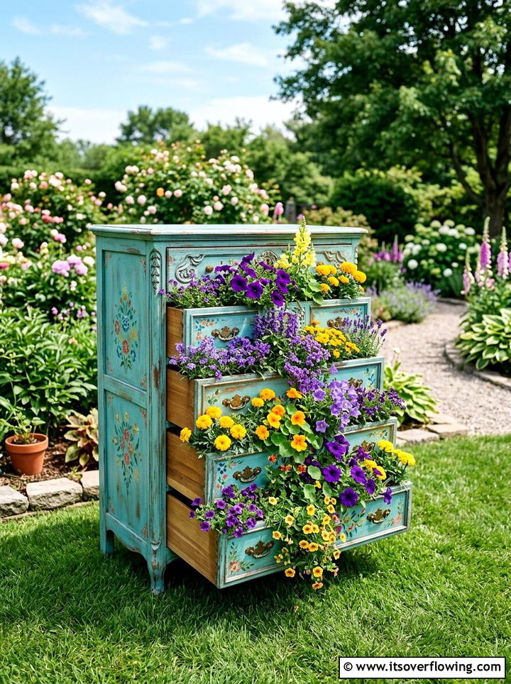 Upcycled dresser flower bed - 25 reusing old things ideas for boho garden look