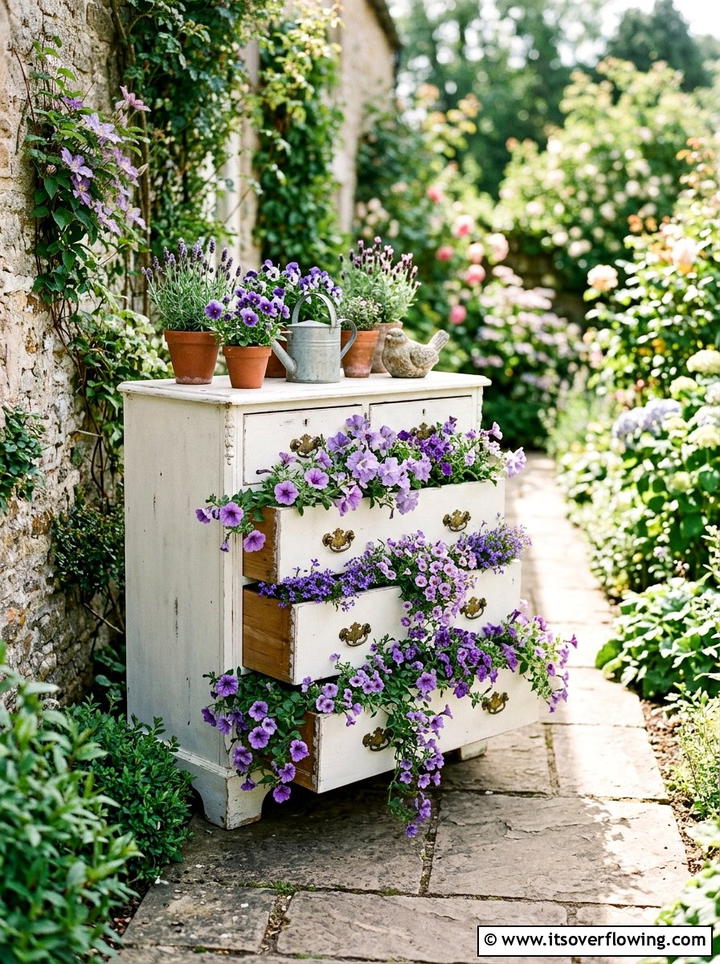 Upcycled dresser garden - 25 upcycled garden ideas for narrow spaces