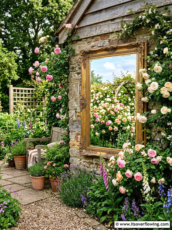 Upcycled mirror garden wall - 25 reusing old things ideas for boho garden look
