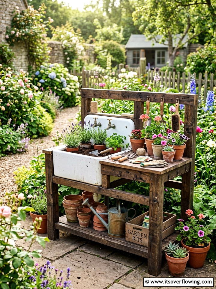 Upcycled sink garden station - 25 recycled garden ideas with rainwater collection