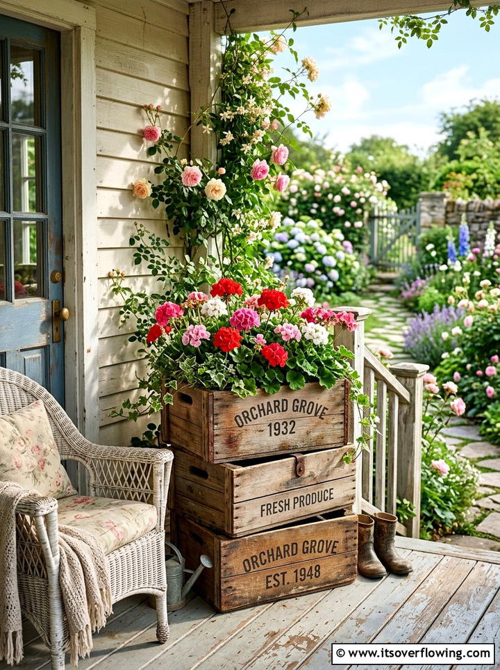 Upcycled wood crate flower box - 25 recycled garden ideas with recycled wood art
