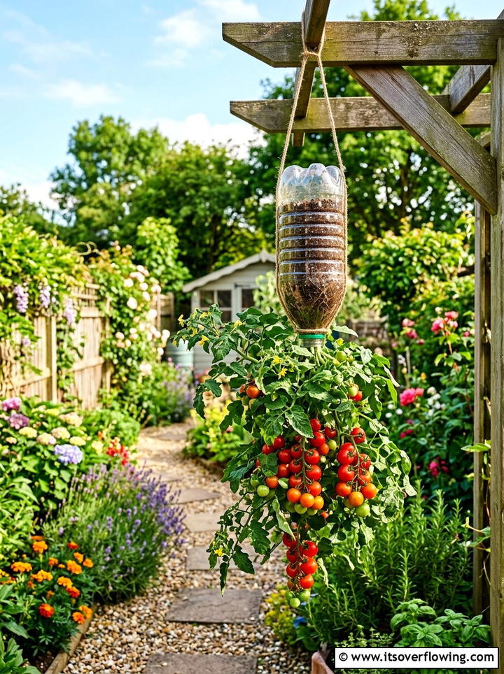 Upside Down Bottle Planter - 25 recycled garden ideas with hanging bottle planters