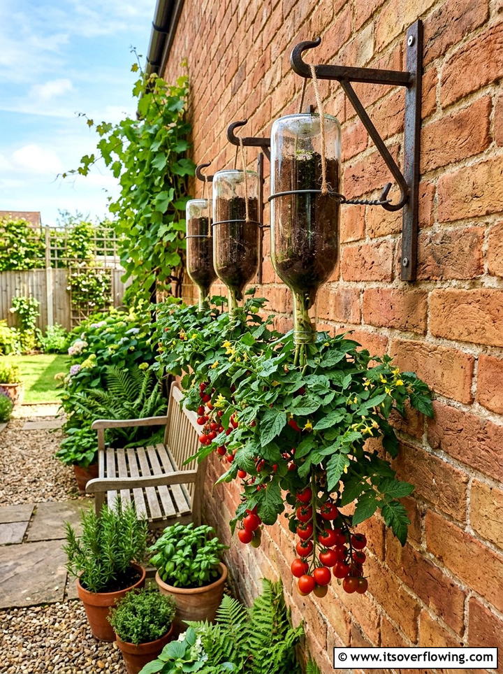 Upside down bottle planter - 25 creative garden ideas with hanging bottle planters