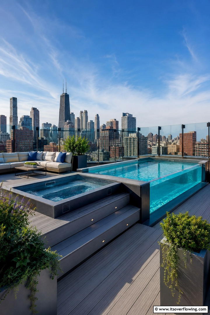 Urban Rooftop Escape - 30 Rectangle Pool With Hot Tub Designs for Luxury Backyards