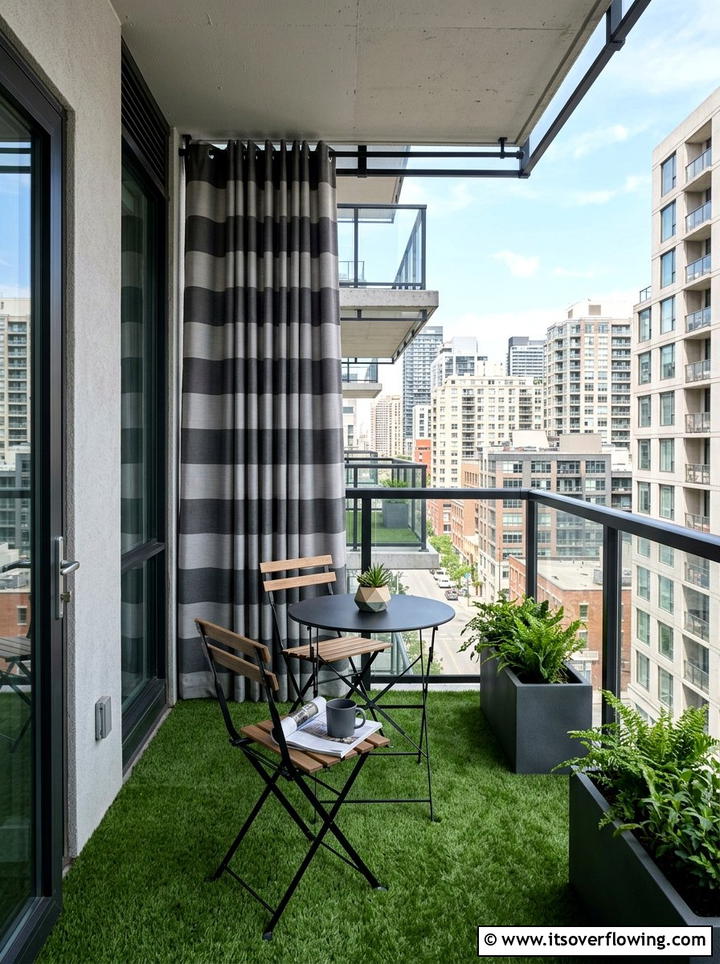 Urban balcony with striped privacy curtains - 25 backyard decorating ideas with outdoor curtains