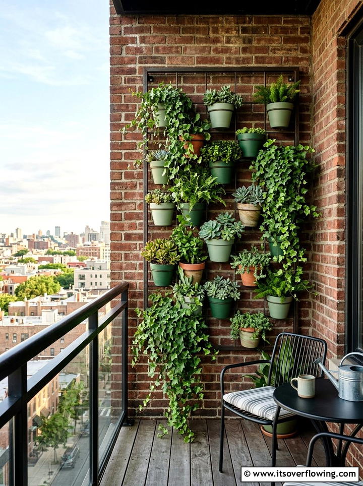 Urban balcony with vertical painted pots - 25 creative garden ideas with painted planters