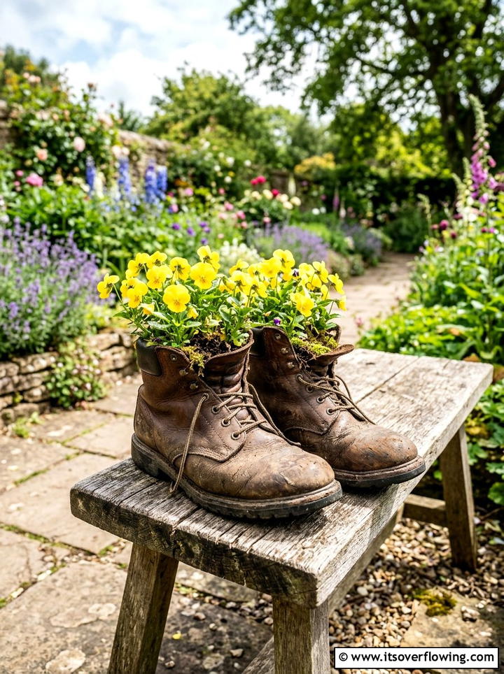 Used Work Boot Planter - 25 reusing old things ideas for seasonal garden decor