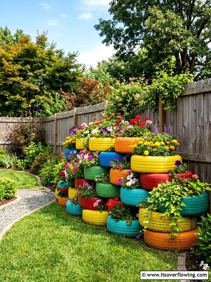 Used tire garden wall - 25 upcycled garden ideas with vertical gardens