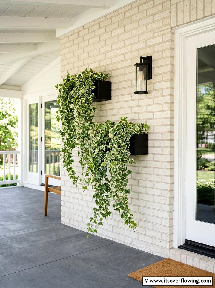 Variegated Ivy Trailing From Wall Planters - 25 front porch ideas with low maintenance plants