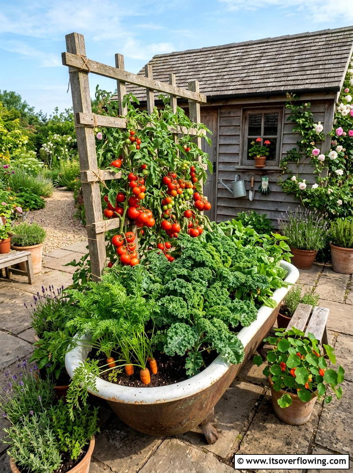 Vegetable garden in bathtub - 25 upcycled garden ideas with old bathtubs