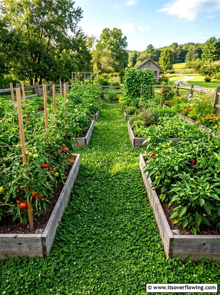 Vegetable garden with clover paths - 25 backyard ideas with clover lawn