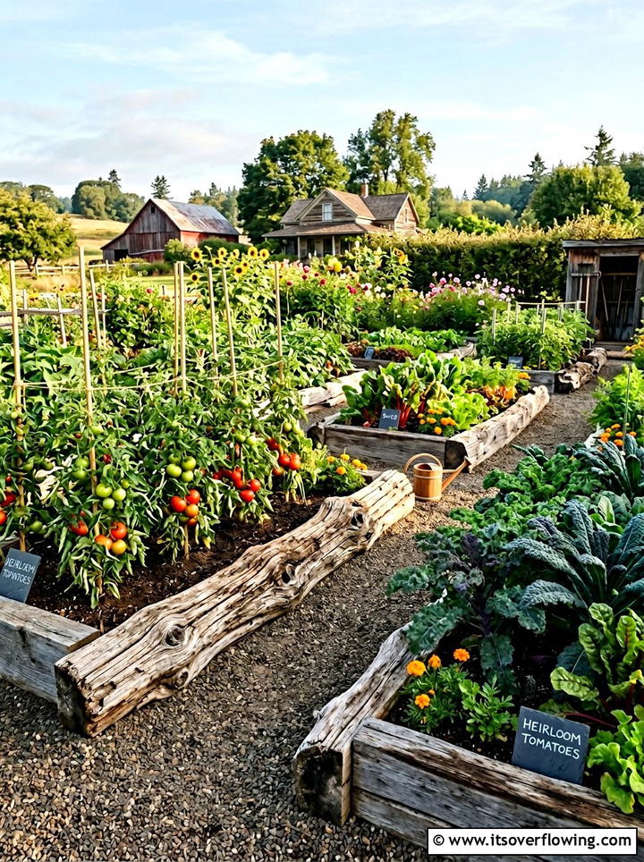 Vegetable garden with driftwood border - 25 garden ideas with driftwood sculptures