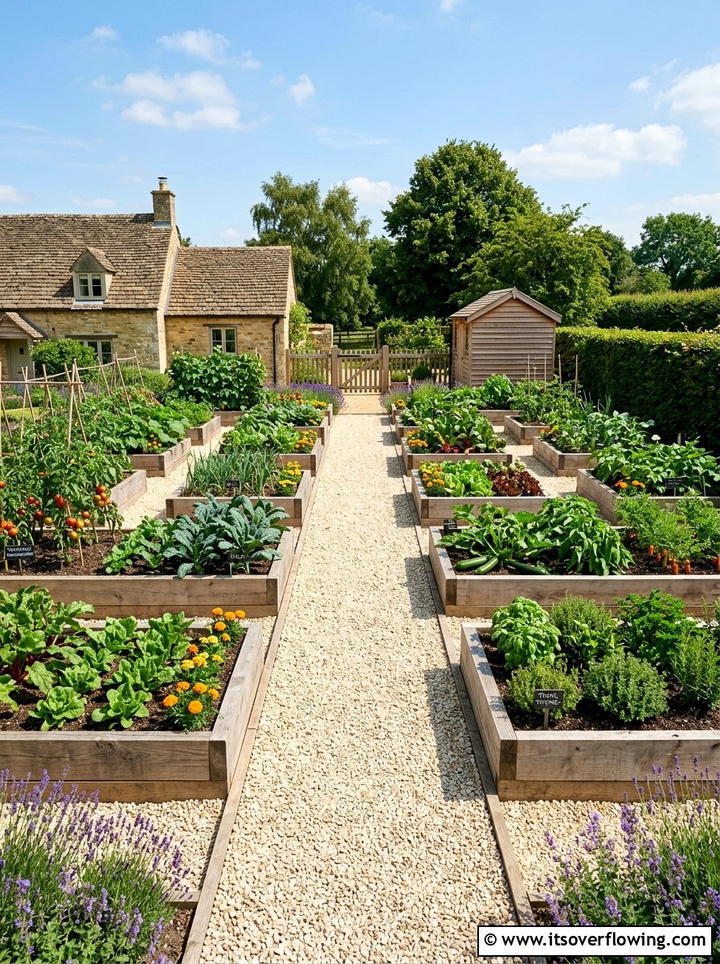 Vegetable garden with gravel paths - 25 garden ideas with raised beds