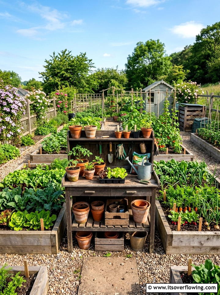 Vegetable garden with potting bench - 25 backyard ideas with benches