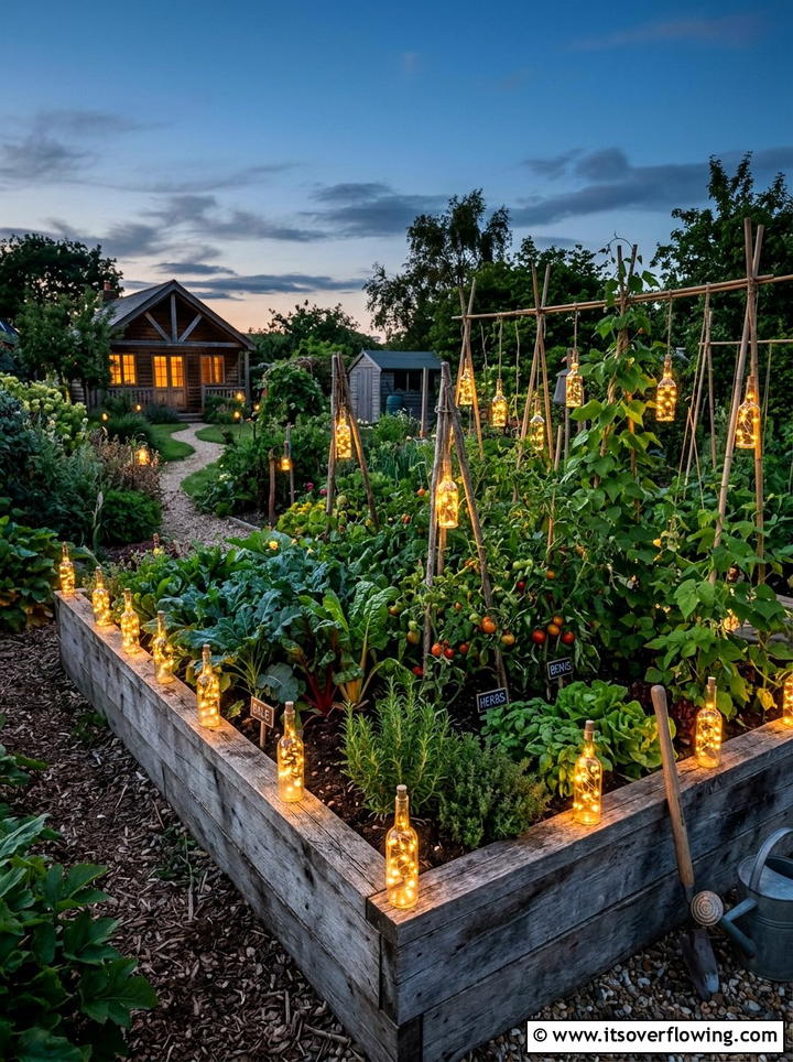Vegetable patch bottle lighting - 25 garden decor ideas with bottle lights