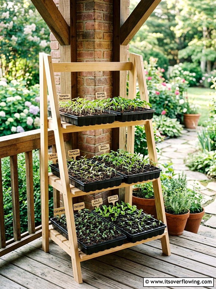 Vegetable seedling starter station - 25 upcycled garden ideas with ladder shelves