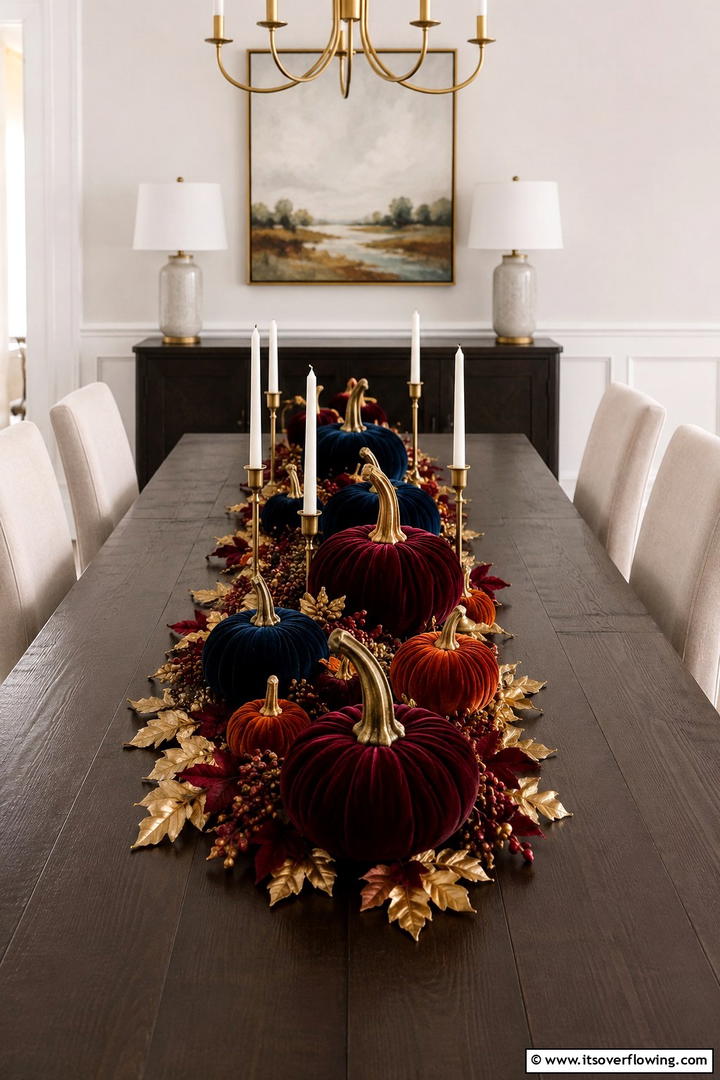 Velvet Pumpkin Dining Table Centerpiece - 50 Fall Pumpkin Decor Ideas for Cozy Autumn Homes Today