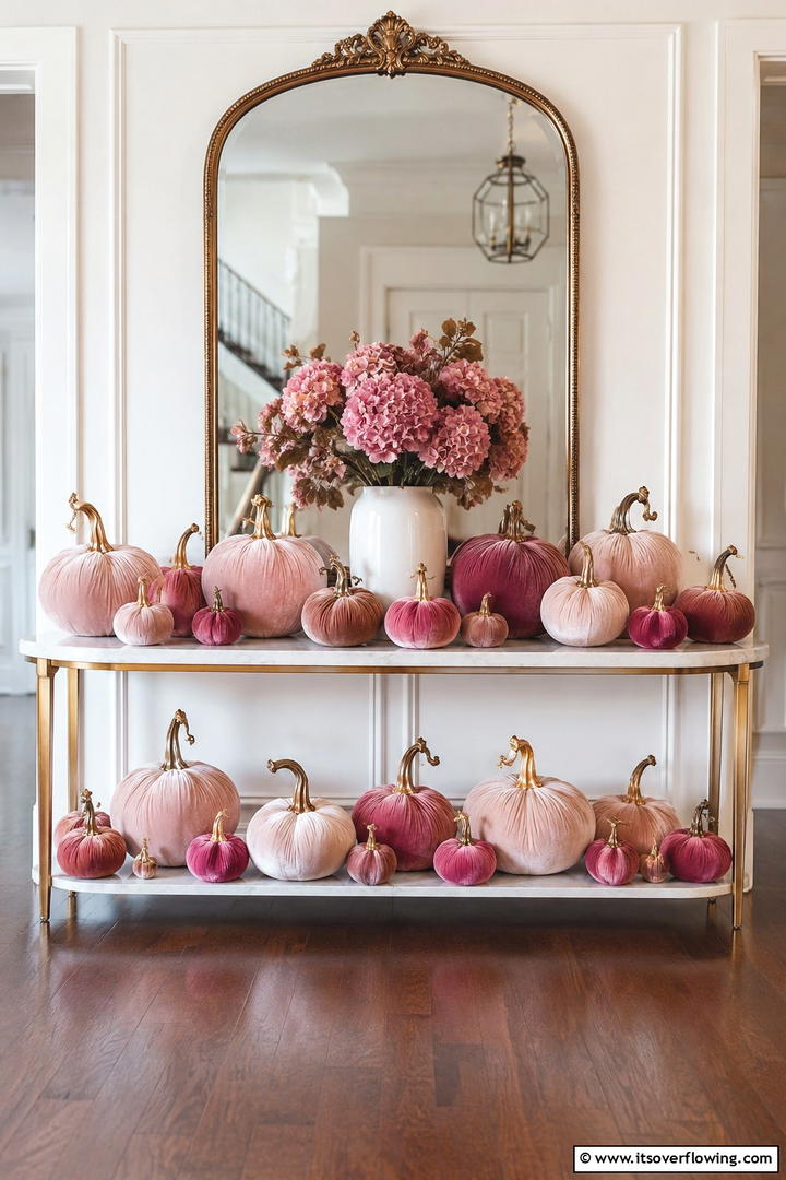 Velvet Pumpkin Display - 50 Pink Fall Decor Ideas Roundup- Soft Seasonal Vibes