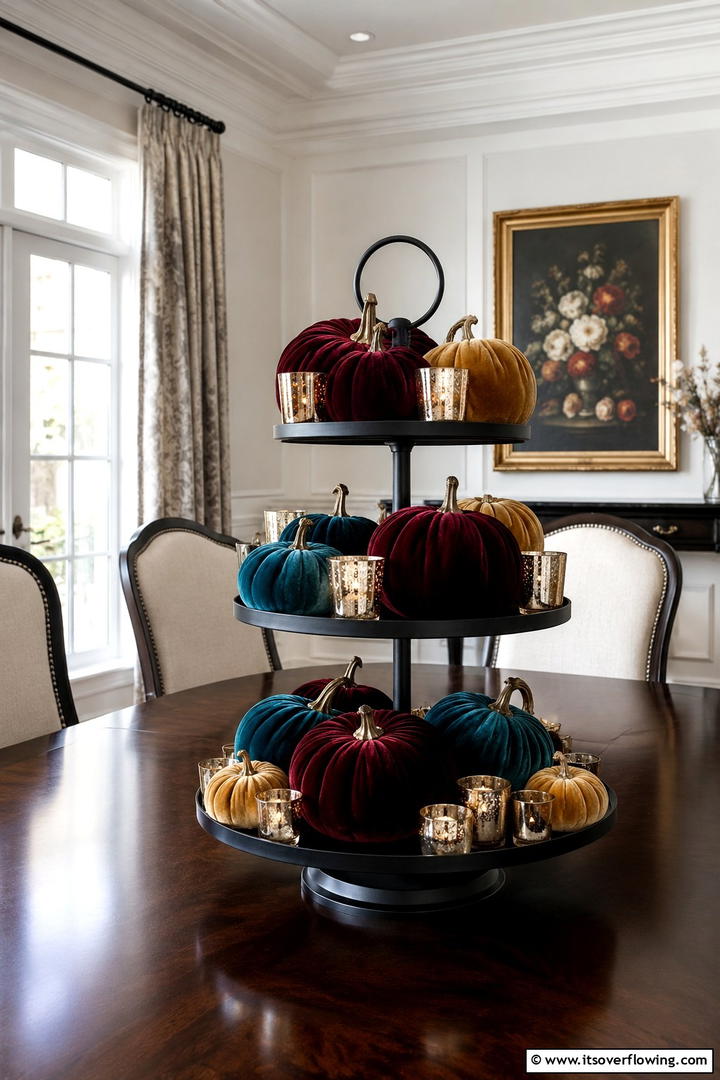 Velvet Pumpkin Elegance - 50 Fall Tiered Tray Decor Ideas for Festive Shelves