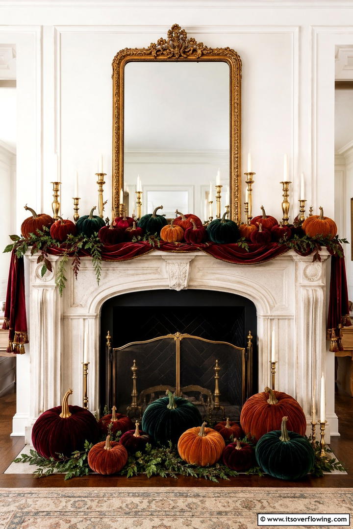 Velvet Pumpkin Luxury Display - 50 Fall Fireplace Decor Ideas to Warm Autumn Gatherings