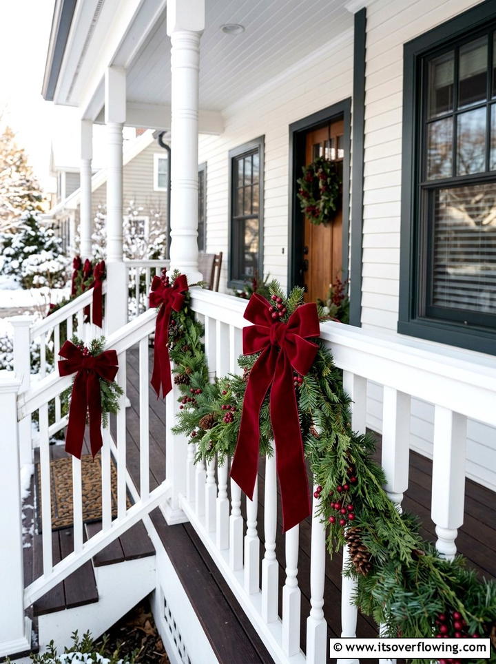 Velvet Ribbon Garland Porch - 25 front porch ideas with christmas decor