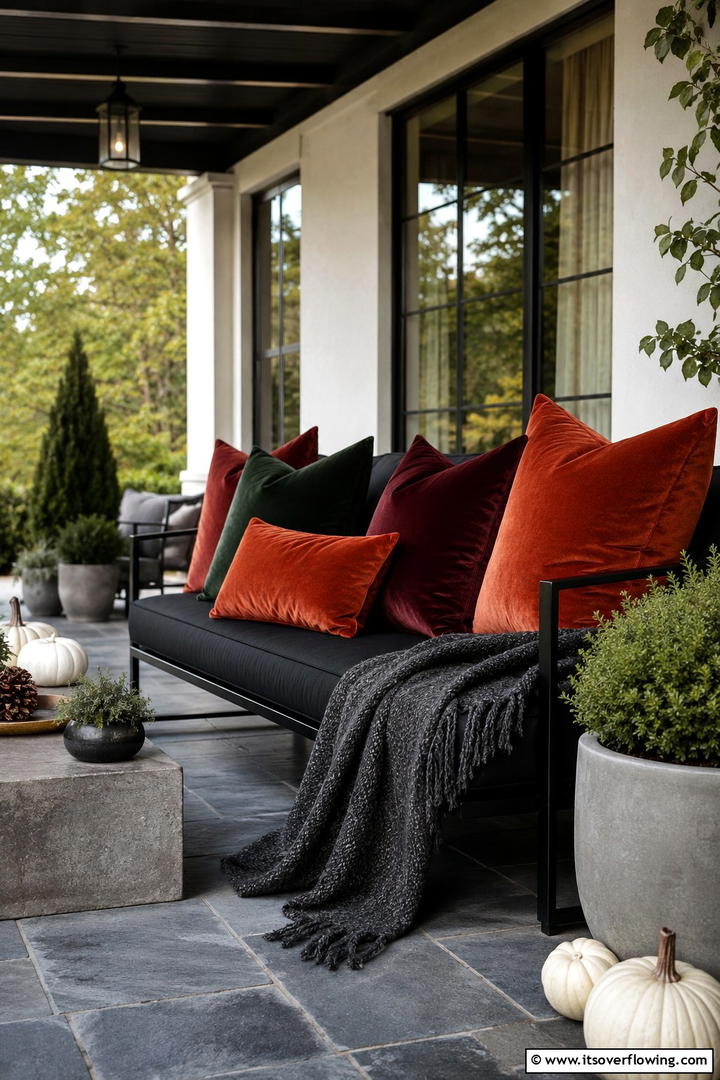 Velvet Textile Accents - 50 Modern Fall Porch Decor Ideas Roundup- Warm Welcomes