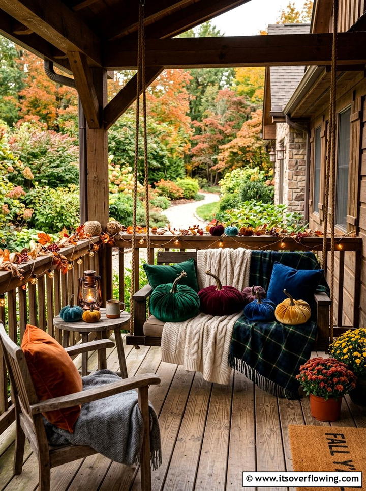Velvet pumpkin porch seating - 25 front porch decor ideas with fake pumpkins