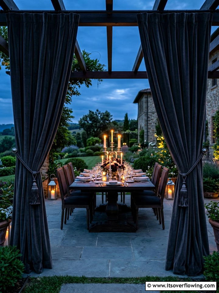 Velvet texture outdoor drapes - 25 garden decor ideas with pergola curtains