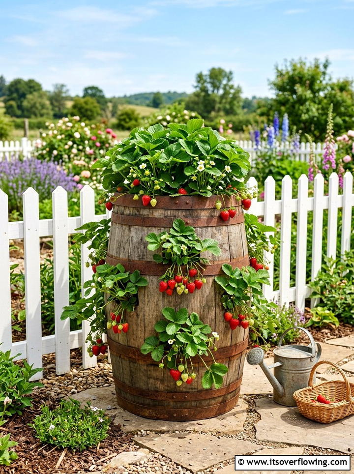 Vertical Barrel Strawberry Planter - 25 upcycled garden ideas with old barrels
