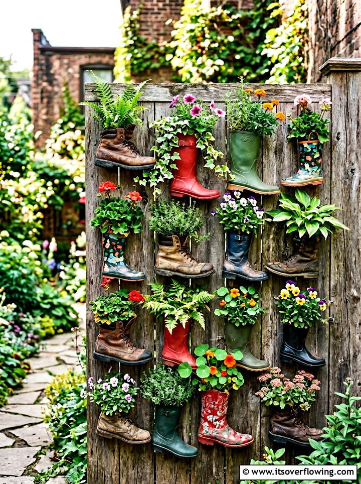 Vertical Boot Wall Garden - 25 upcycled garden ideas with old boots