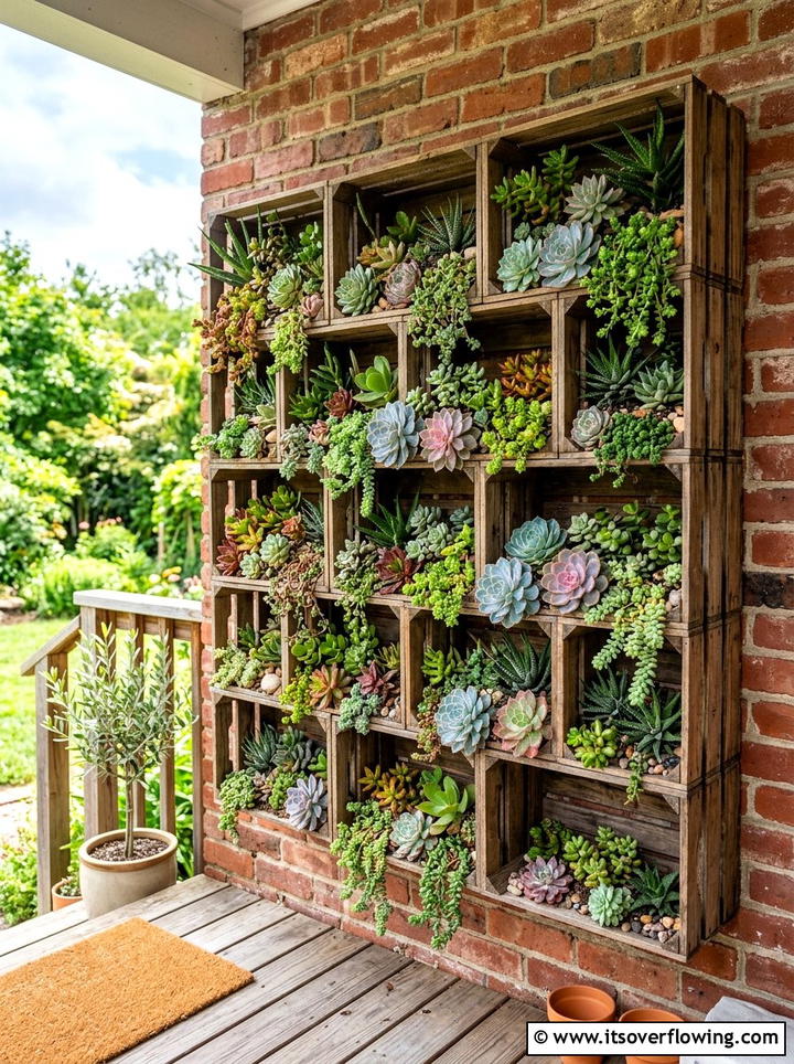 Vertical Crate Succulent Wall - 25 front porch ideas with crate decor