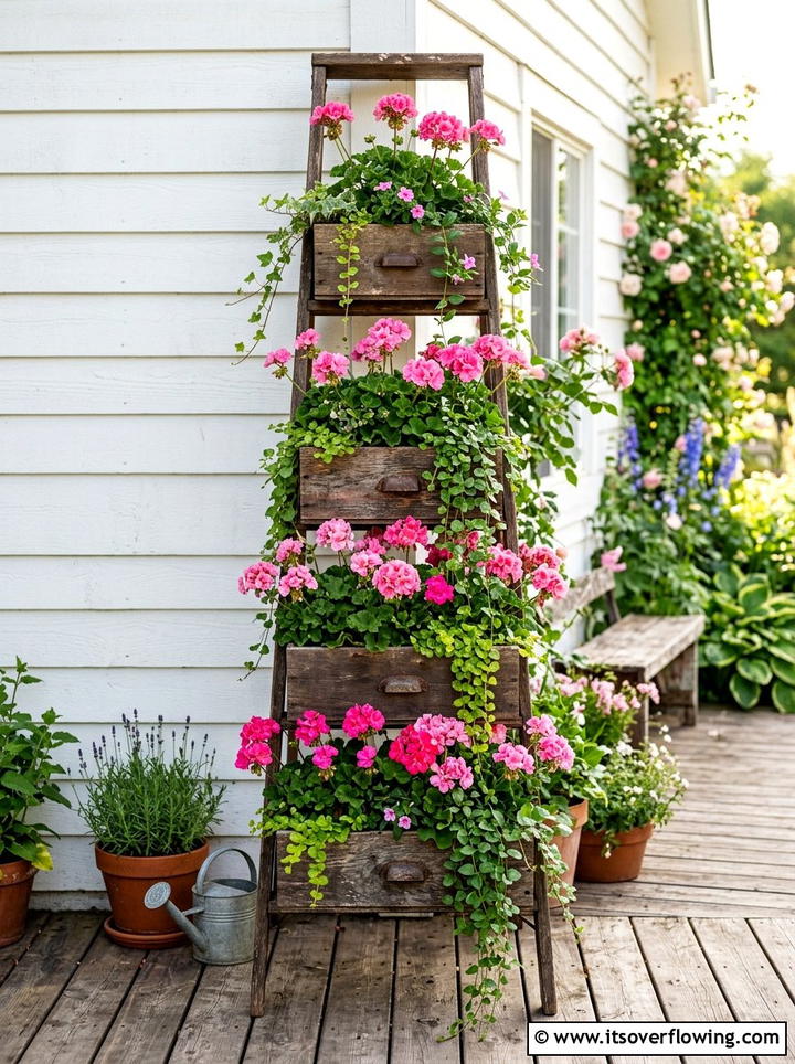 Vertical Drawer Ladder Planter - 25 recycled garden ideas with old drawers