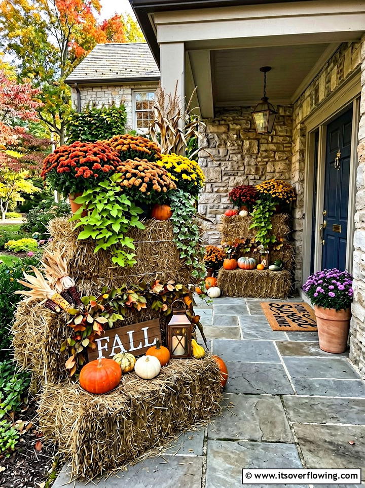 Vertical Fall Porch Display - 25 front porch decor ideas with mums and hay bales